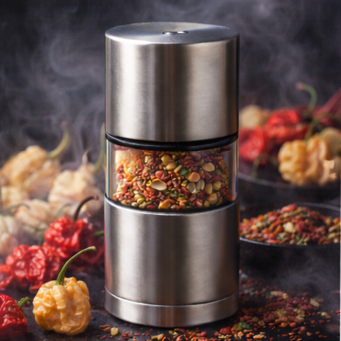 Loud Peppers Apocalypse Ghost refillable chili grinder with red and yellow ghost peppers in smoky black background