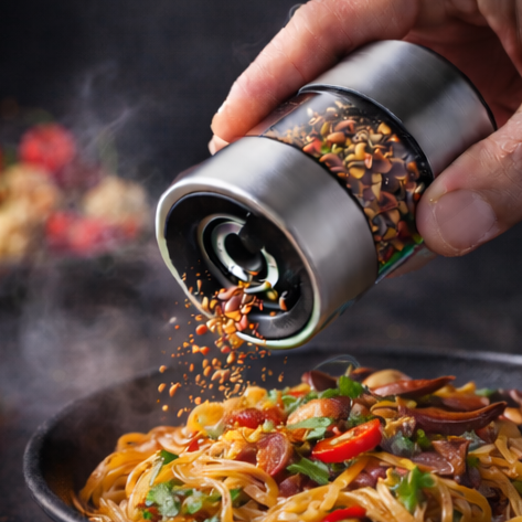 Ghost pepper grinder sprinkling ultra hot chili flakes over spicy vegetarian noodles with steam and haze