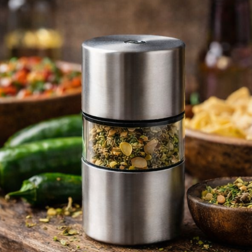 Loud Peppers Jalapeño refillable stainless steel chili grinder filled with dried jalapeño flakes on rustic wood table with fresh green jalapeños