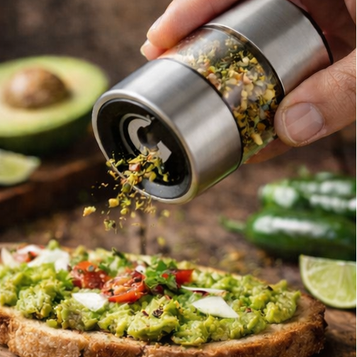 Loud Peppers Jalapeño chili grinder sprinkling fresh ground jalapeño flakes over avocado toast on wooden cutting board