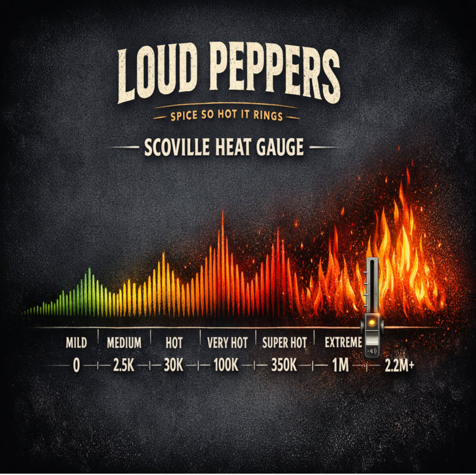 Scoville Heat Gauge by Loud Peppers with fiery design on a dark background