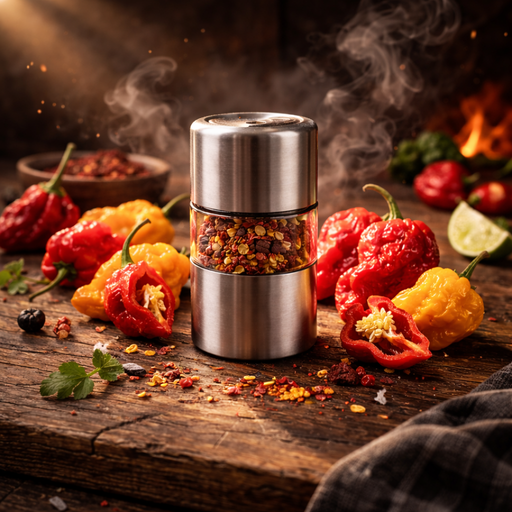 Loud Peppers Apocalypse Ghost refillable stainless steel ghost pepper grinder with ultra hot chili flakes