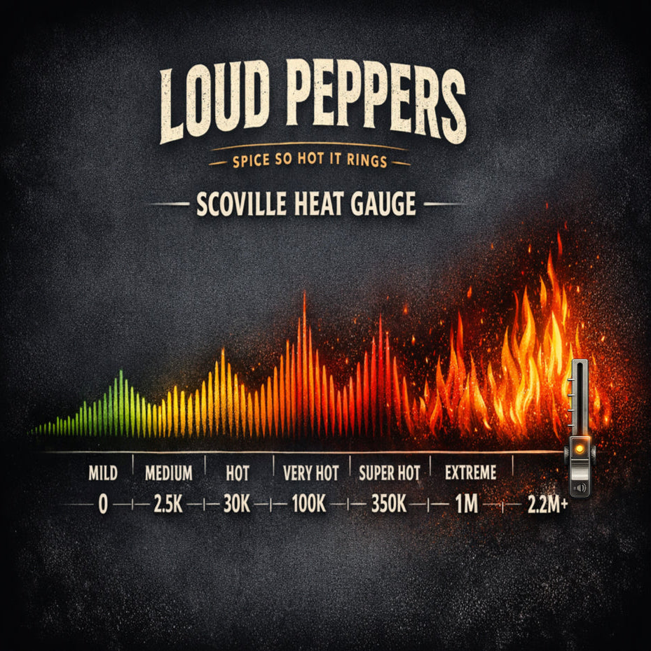 Scoville Heat Gauge by Loud Peppers with fiery design on a dark background