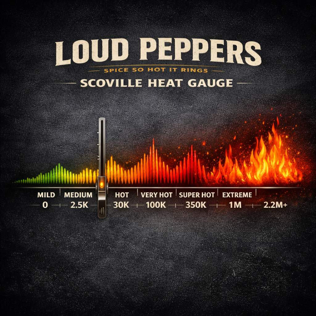 Scoville Heat Gauge by Loud Peppers with fiery design on a dark background