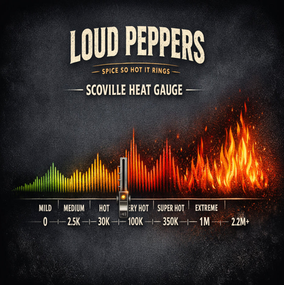 Scoville Heat Gauge chart for Loud Peppers on a dark background