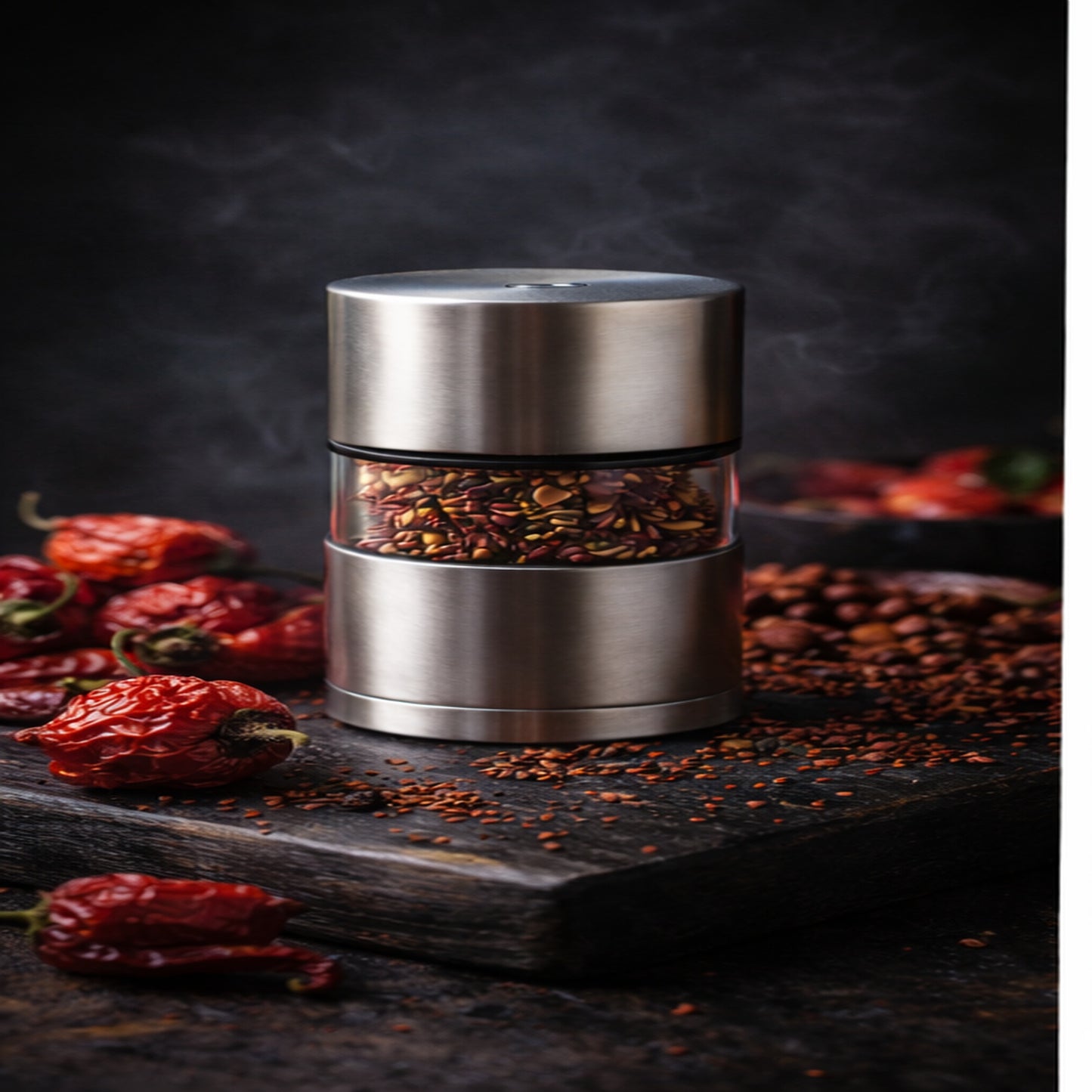 Loud Peppers Death Flakes refillable chili grinder with Carolina Reaper and Death Spiral peppers on dark dramatic background