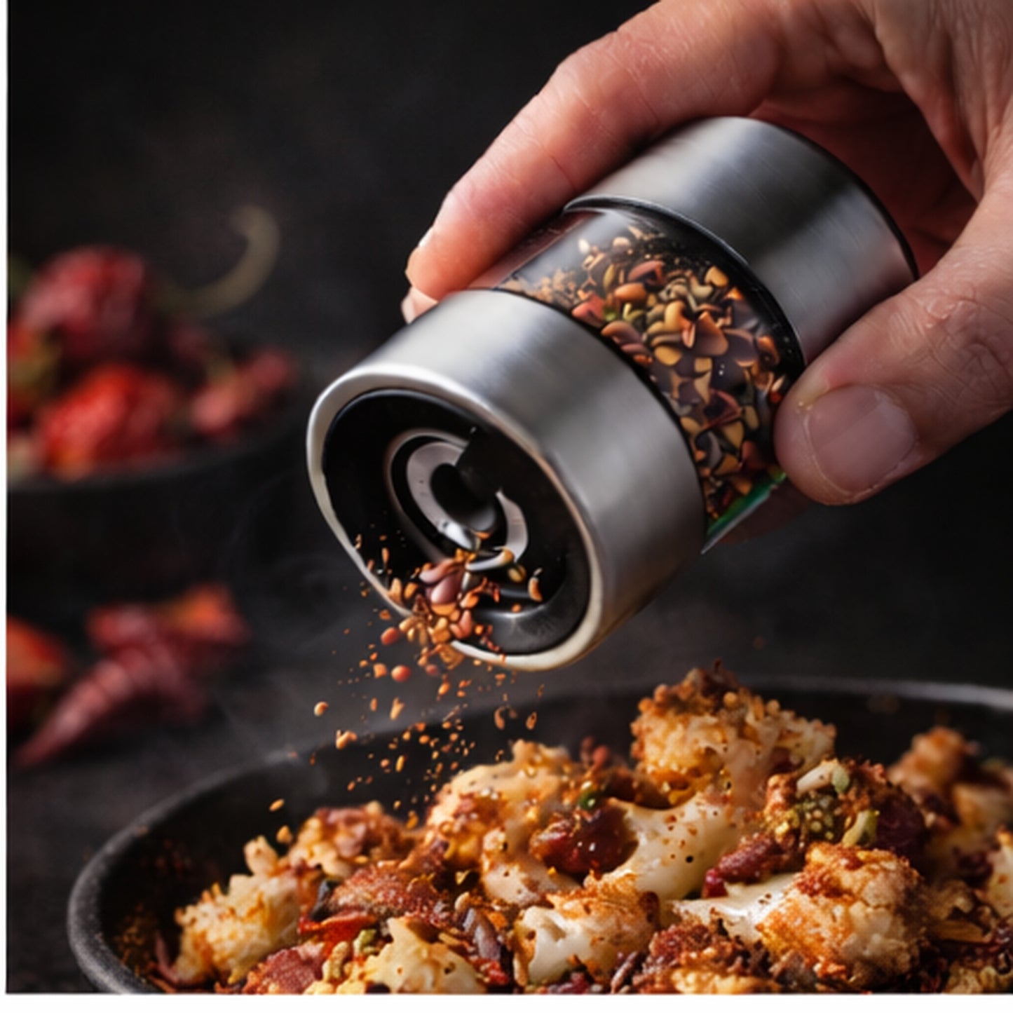 Death Flakes chili grinder seasoning charred cauliflower with ultra hot Carolina Reaper flakes