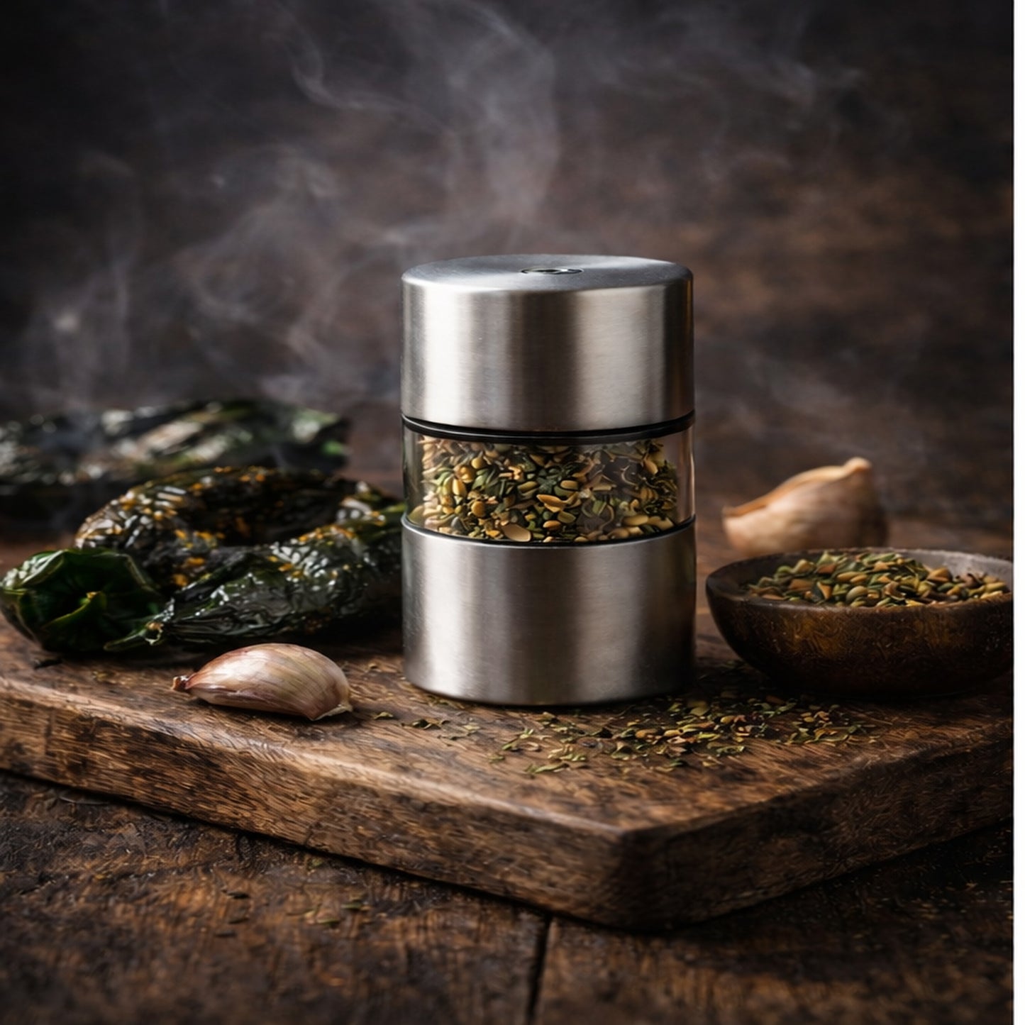 Loud Peppers Smokey Poblano refillable chili grinder with roasted poblano peppers and garlic on dark wooden surface