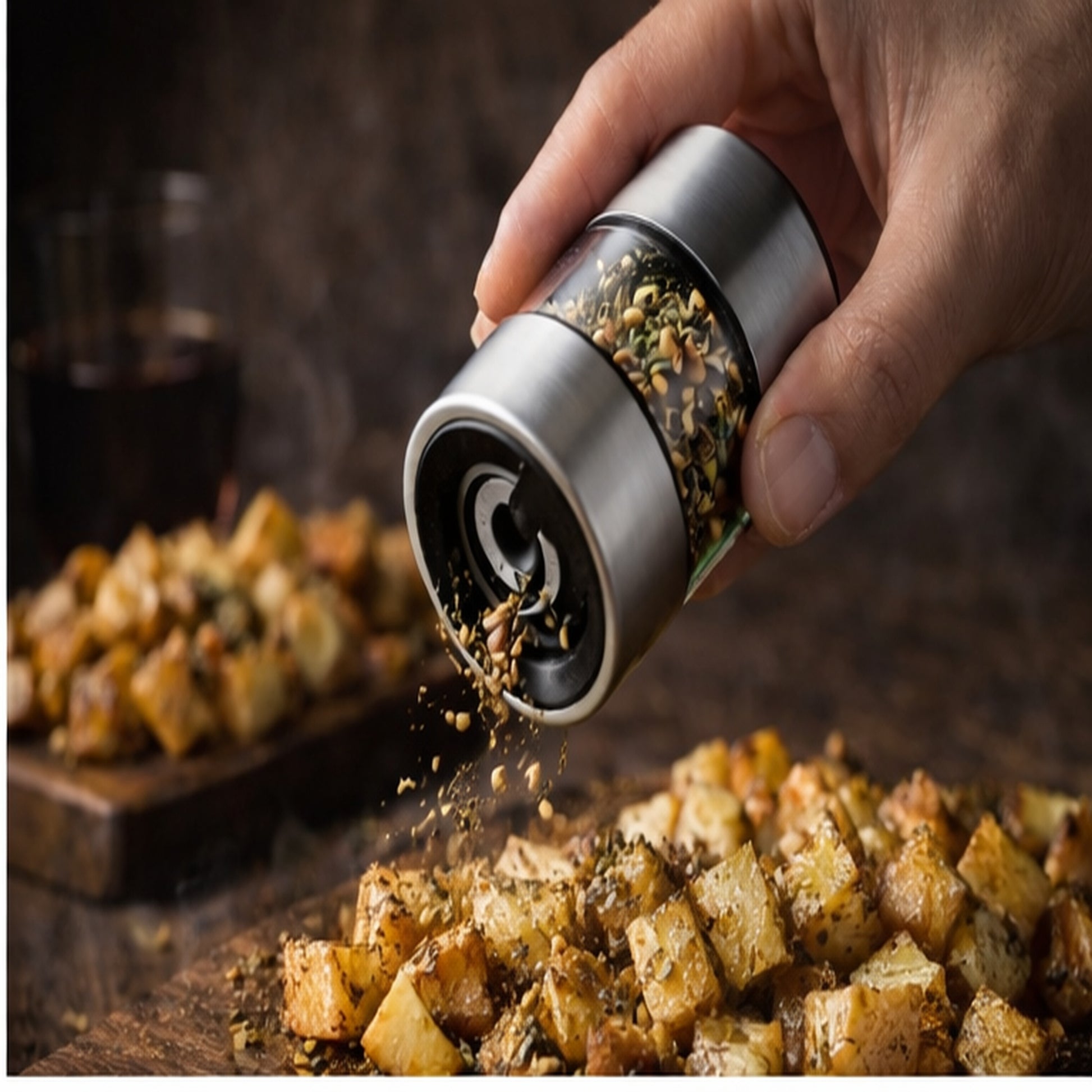 Smokey Poblano chili grinder by Loud Peppers seasoning roasted potatoes with freshly ground poblano flakes