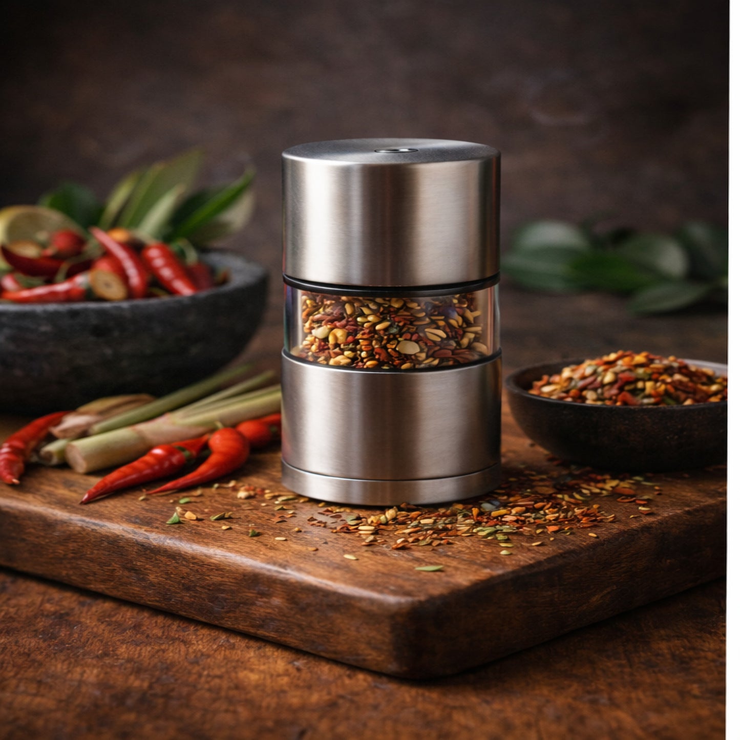 Loud Peppers Thai Me Up refillable chili grinder with Thai chilies, lime, and herbs on rustic wooden table