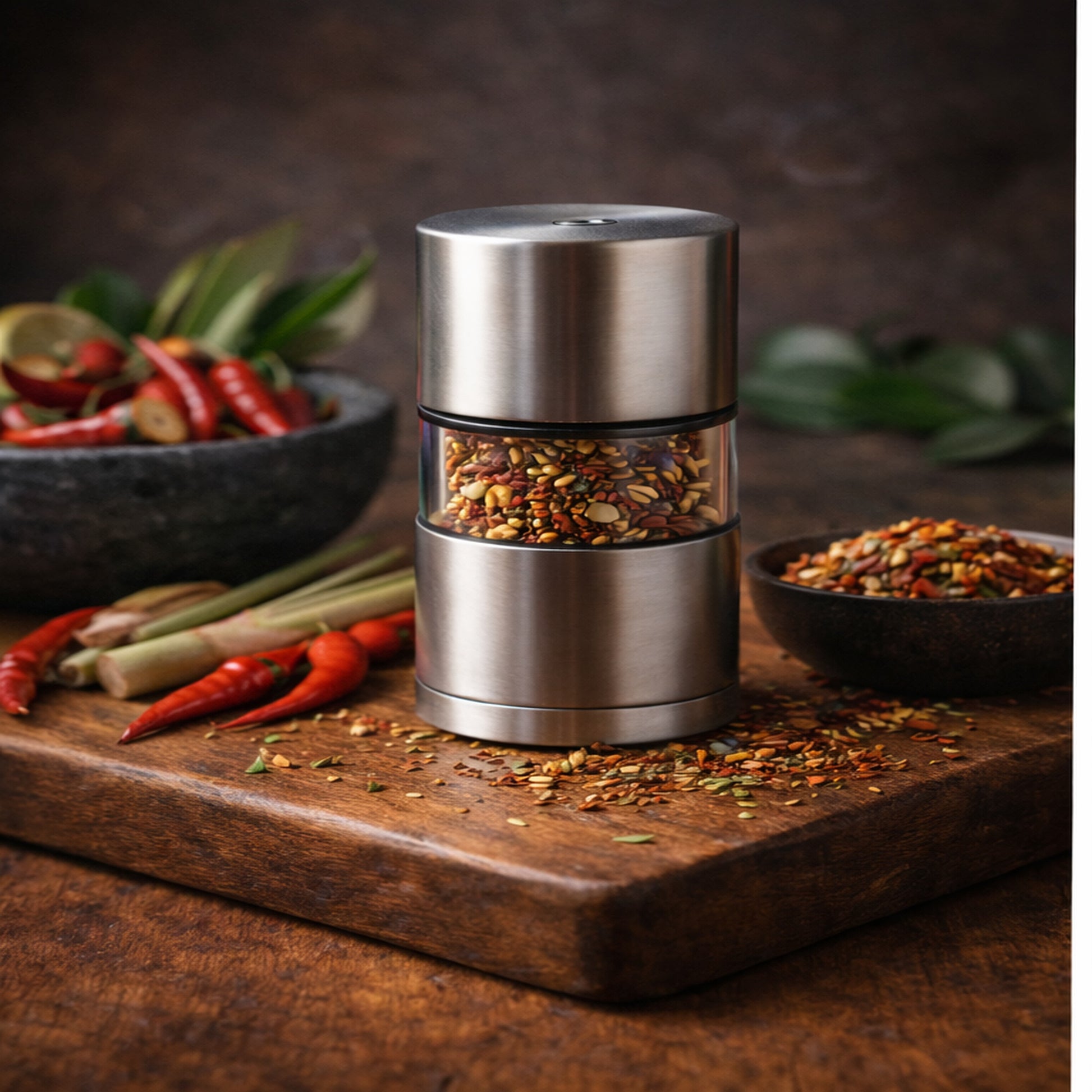 Loud Peppers Thai Me Up refillable chili grinder with Thai chilies, lime, and herbs on rustic wooden table