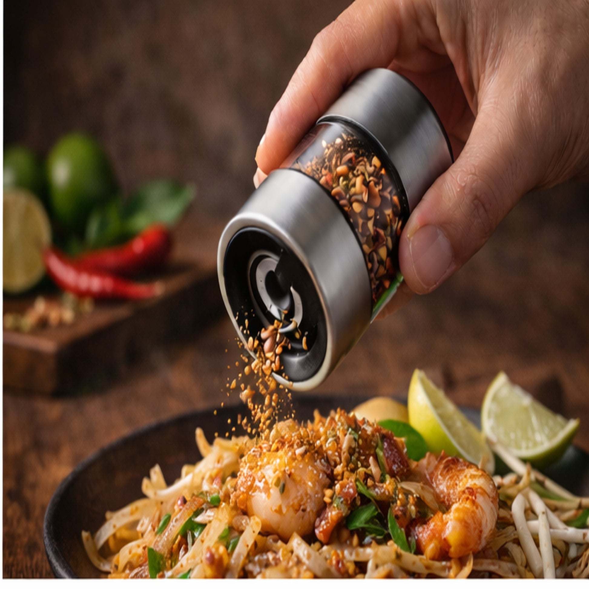 Thai chili grinder sprinkling fresh chili flakes over vegetarian pad Thai noodles