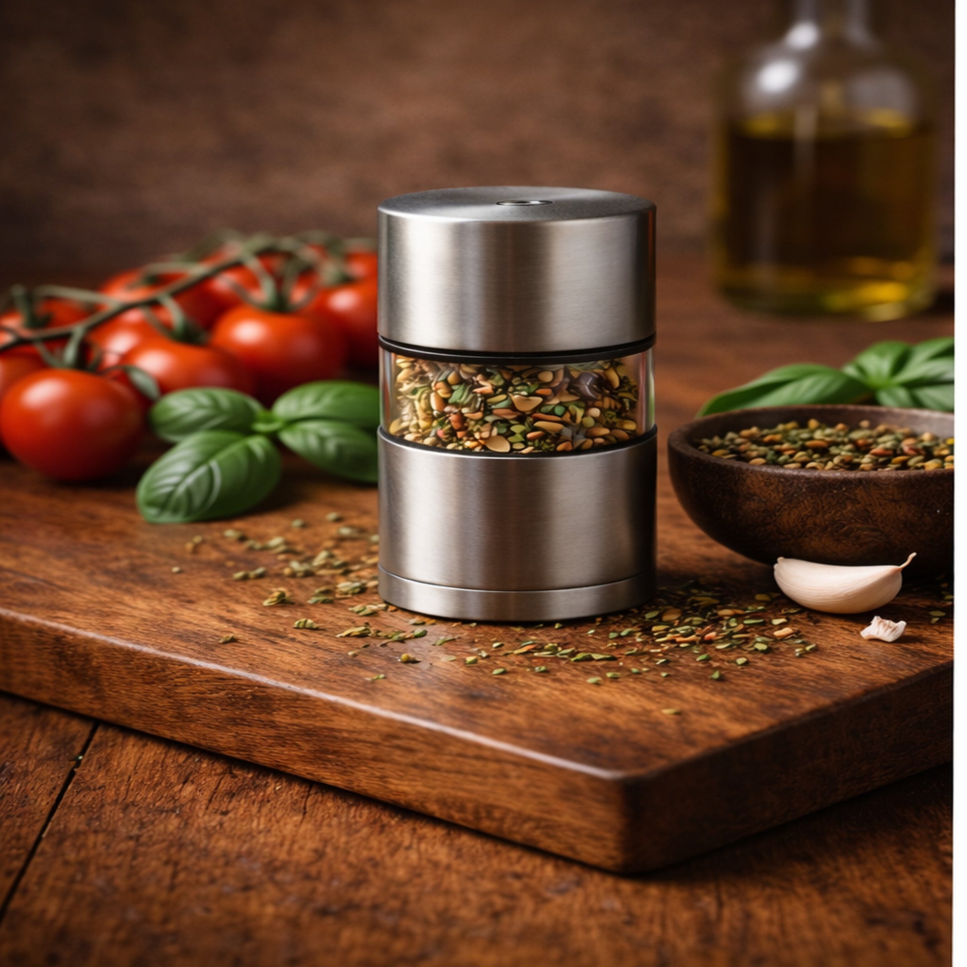 Loud Peppers That’s Amore Italian chili grinder with dried herbs and chili flakes next to basil and cherry tomatoes