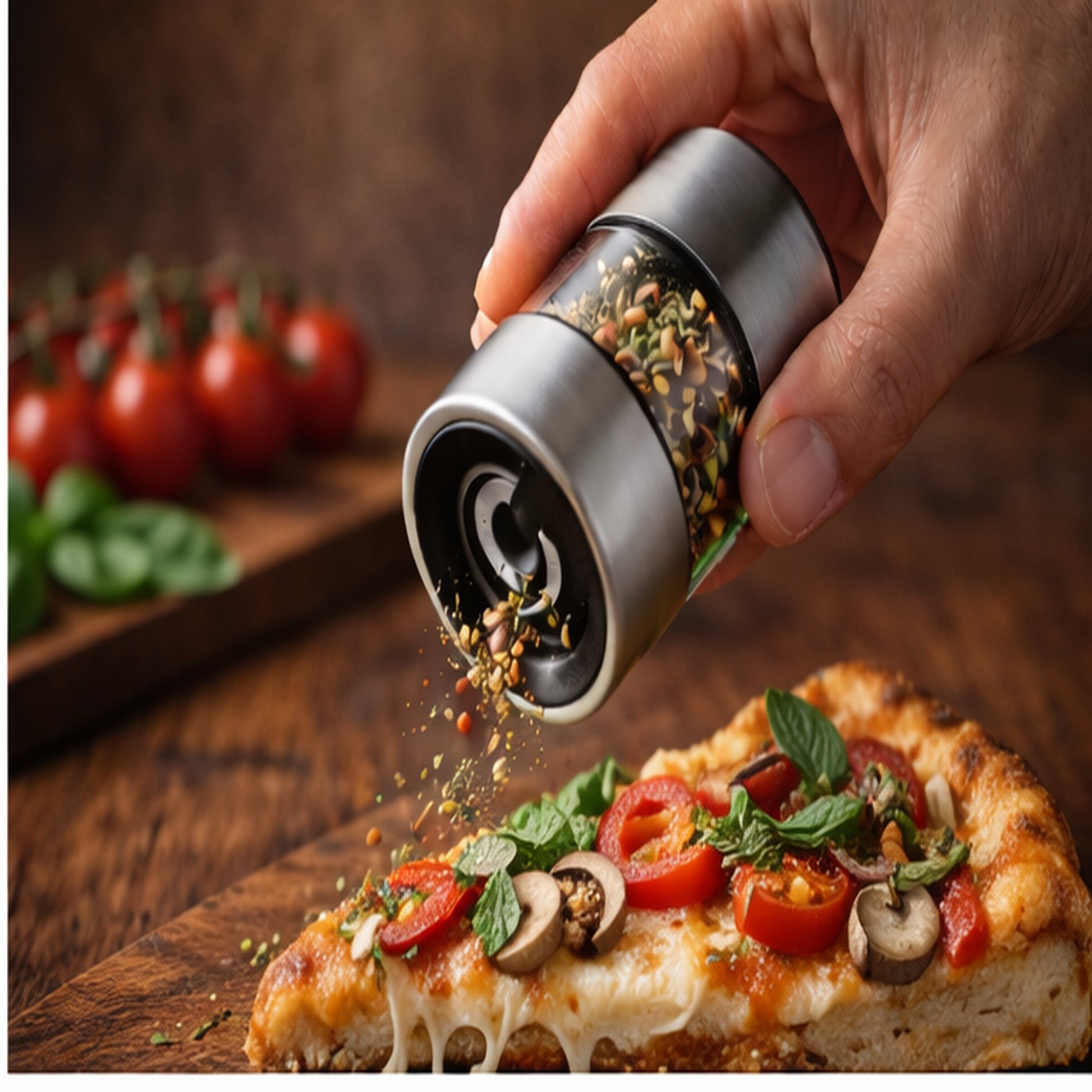 Italian chili flake grinder sprinkling seasoning over veggie pizza with basil and mushrooms